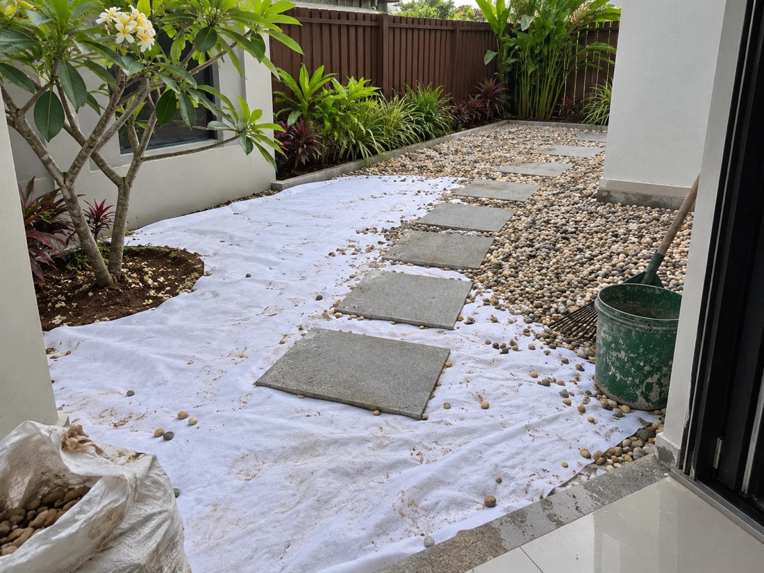 AeroTex under pebbles and stepping stones in a home garden
